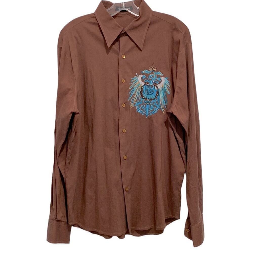 APRICOTTREE Men long sleeve shirt gorgeous blue and gold embroidery stretchy L